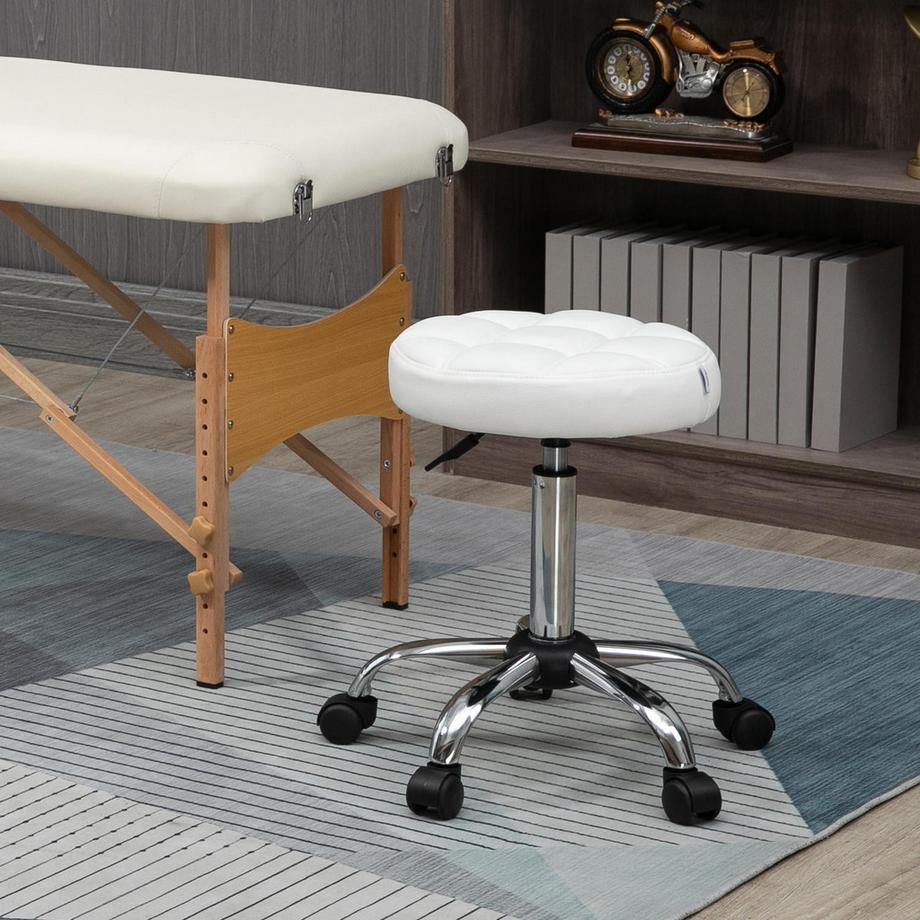 Northio Rollhocker Höhenverstellbarer Arbeitshocker, Drehbarer Salon Hocker für Büro Massage Kunstleder Weiß Ø35,5 x 51-67 cm  