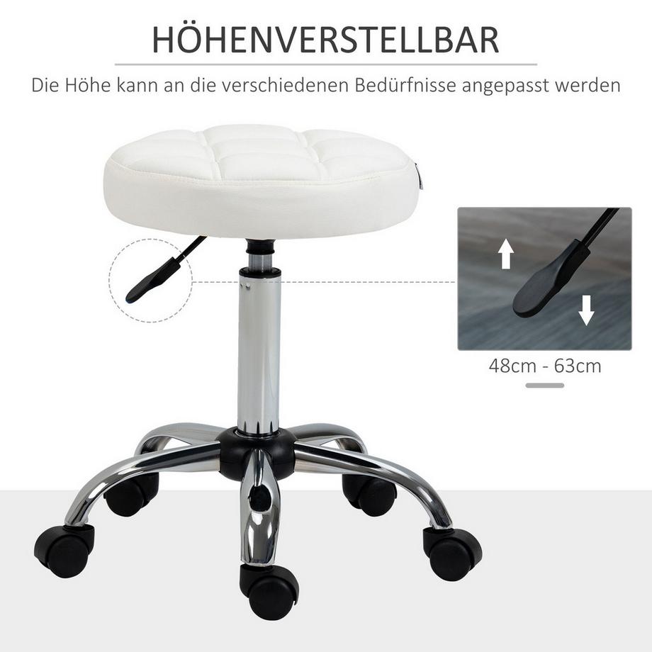Northio Rollhocker Höhenverstellbarer Arbeitshocker, Drehbarer Salon Hocker für Büro Massage Kunstleder Weiß Ø35,5 x 51-67 cm  