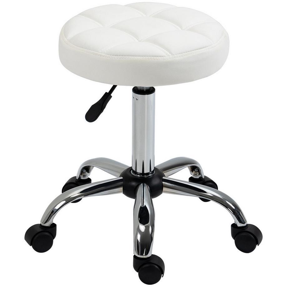 Rollhocker Höhenverstellbarer Arbeitshocker, Drehbarer Salon Hocker für Büro Massage Kunstleder Weiß Ø35,5 x 51-67 cm
