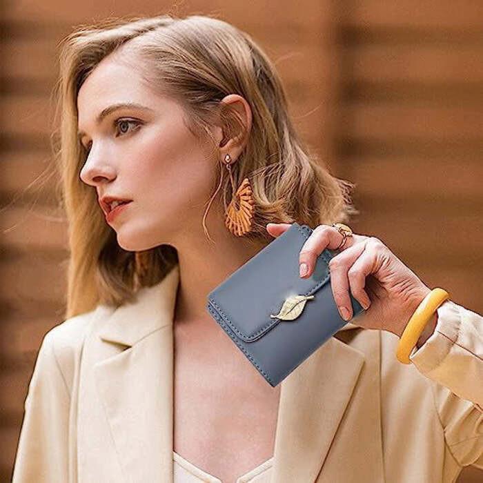 Only-bags.store Portafoglio RFID Blocking Pelle PU Piccolo Chiusura Foglia Dorata  