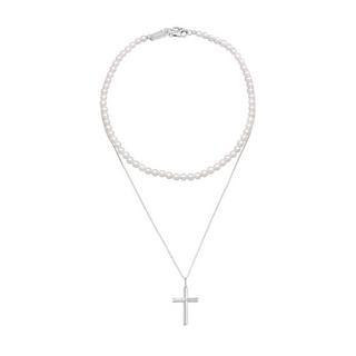 Kuzzoi  Collier Muschelkernperlen Kreuz Klassik 2Er Set 925 Silber 