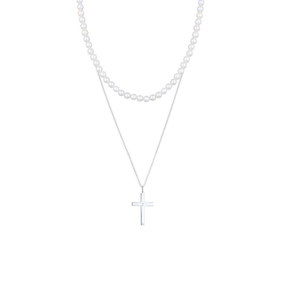 Kuzzoi  Halskette Muschelkernperlen Kreuz Klassik 2Er Set 925 Silber 