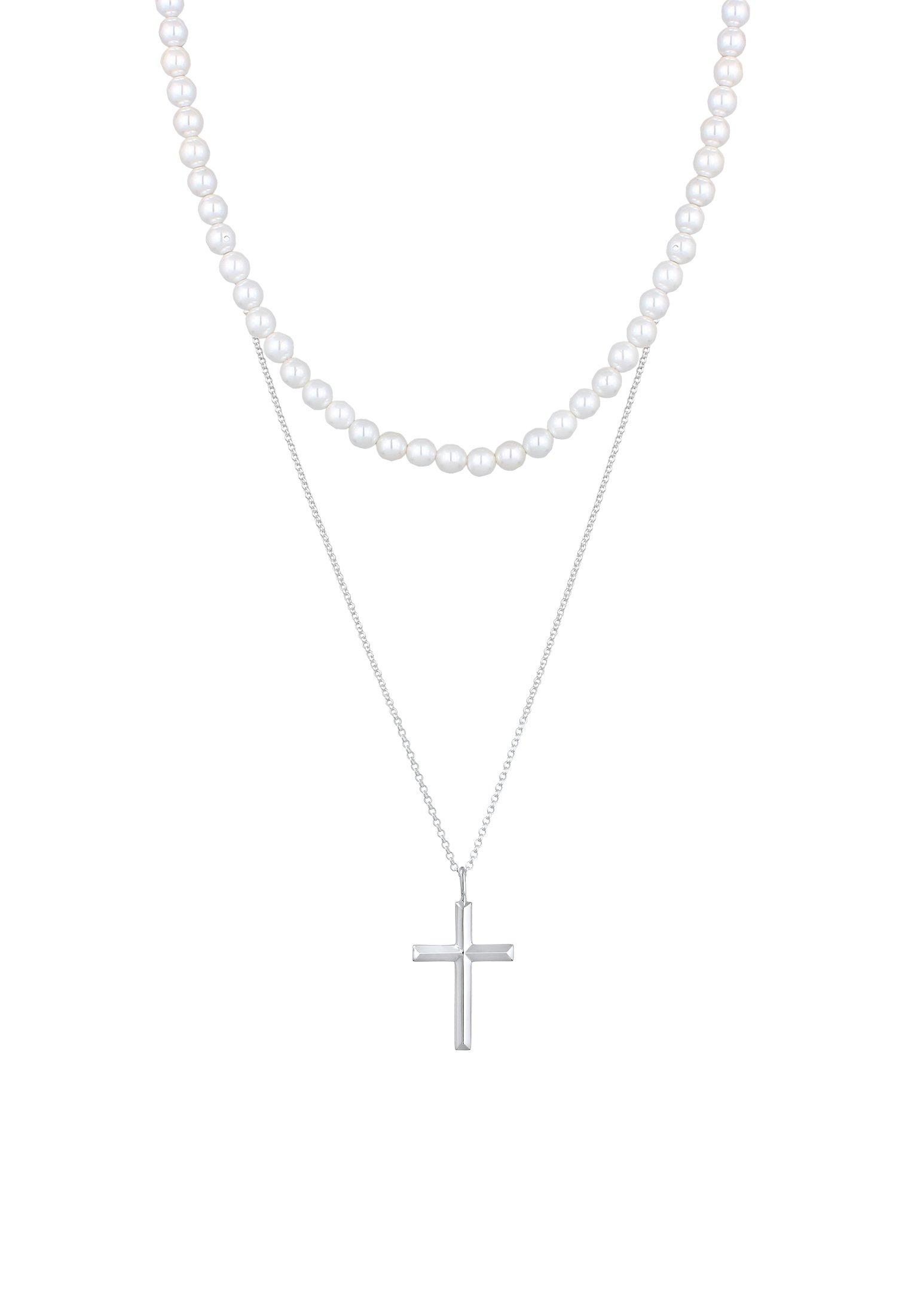 Kuzzoi  Collier Muschelkernperlen Kreuz Klassik 2Er Set 925 Silber 