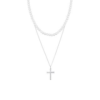 Kuzzoi  Halskette Muschelkernperlen Kreuz Klassik 2Er Set 925 Silber 