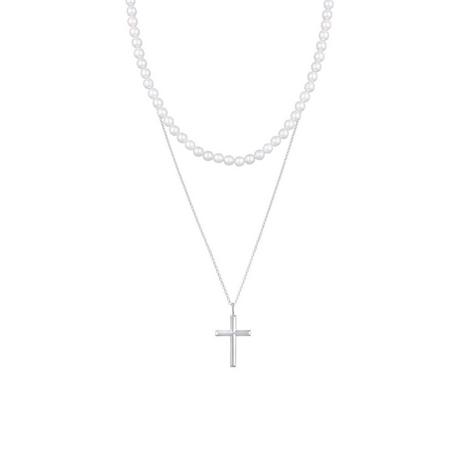 Kuzzoi  Halskette Muschelkernperlen Kreuz Klassik 2Er Set 925 Silber 