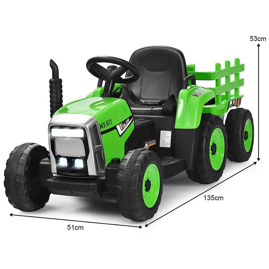 B2X  Tracteur pour enfants à 3 vitesses Tracteur porté 12V avec remorque amovible et lumières LED, klaxon et fonctions USB vert 