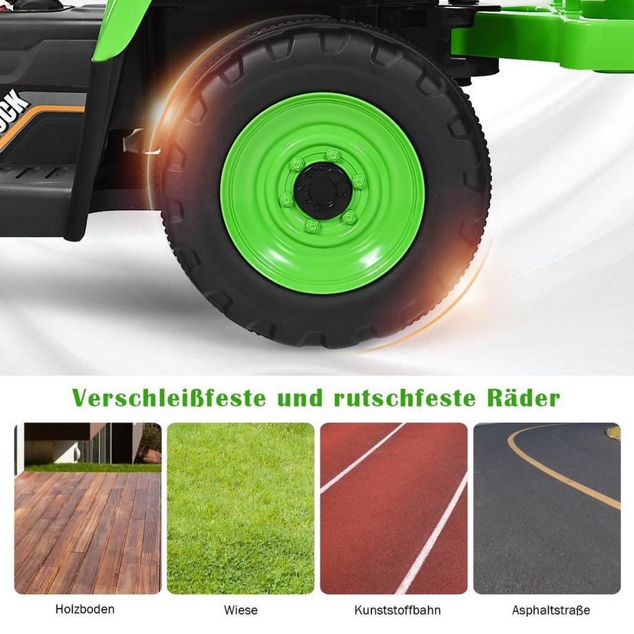 B2X  Tracteur pour enfants à 3 vitesses Tracteur porté 12V avec remorque amovible et lumières LED, klaxon et fonctions USB vert 