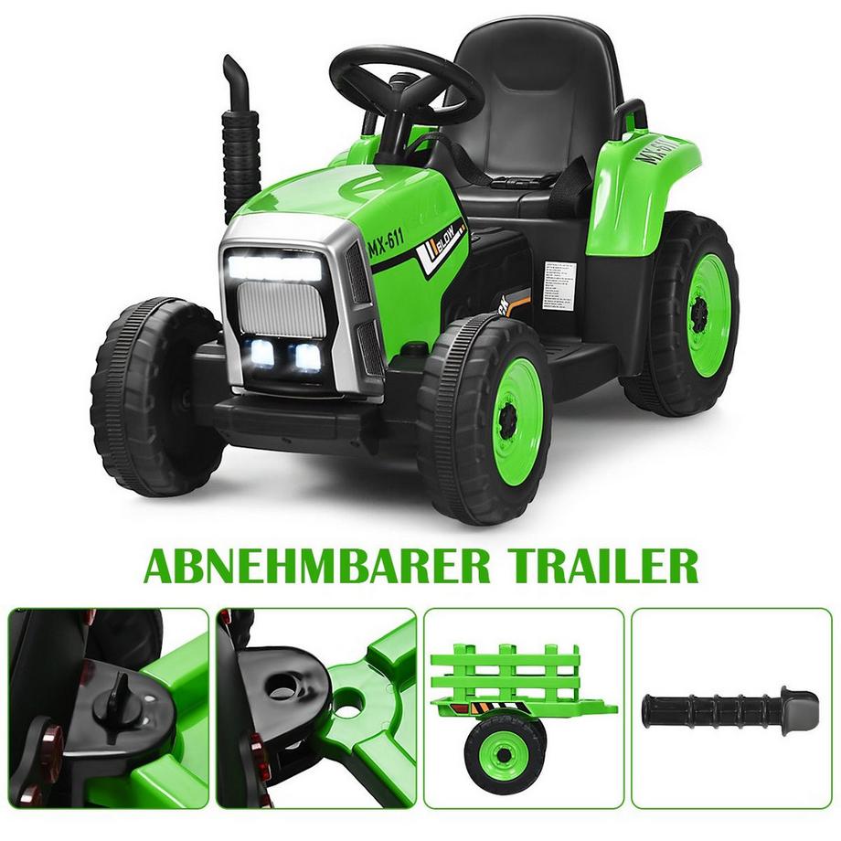B2X  Tracteur pour enfants à 3 vitesses Tracteur porté 12V avec remorque amovible et lumières LED, klaxon et fonctions USB vert 