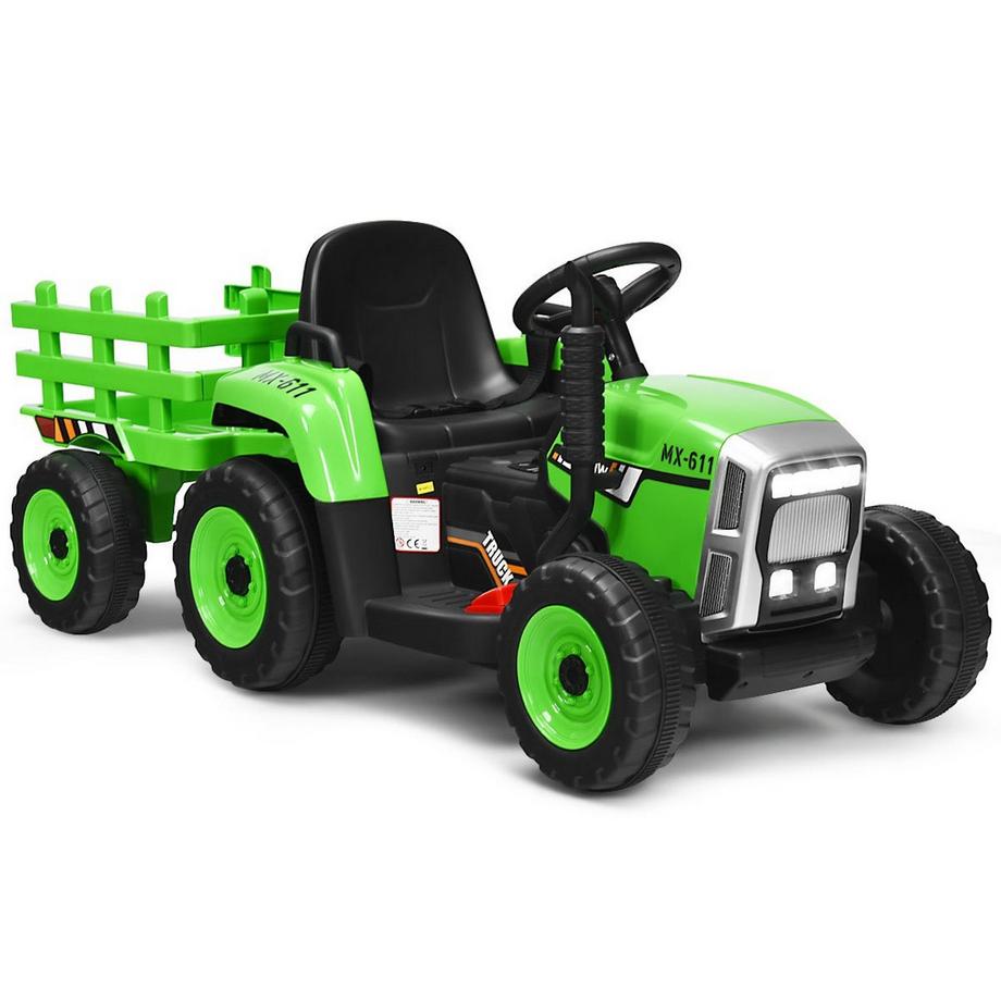 B2X  Tracteur pour enfants à 3 vitesses Tracteur porté 12V avec remorque amovible et lumières LED, klaxon et fonctions USB vert 