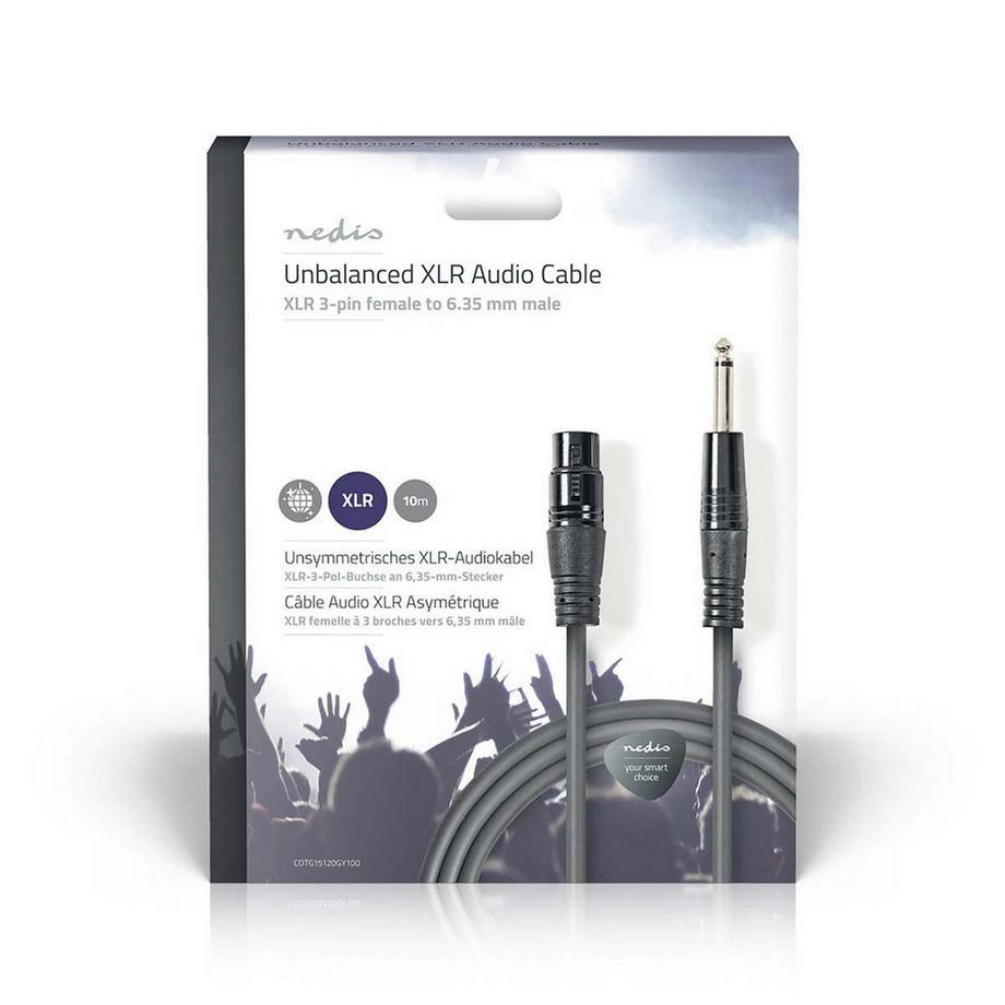 Nedis  Câble audio asymétrique | XLR 3 broches femelle | 6,35 mm mâle | plaqué nickel | 10,0 m | rond | PVC | gris foncé | boîte cadeau 
