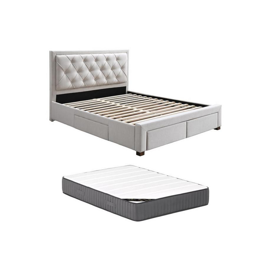 Vente-unique Letto con Cassetti 160 x 200 cm Tessuto Beige + Materasso - LEOPOLD  