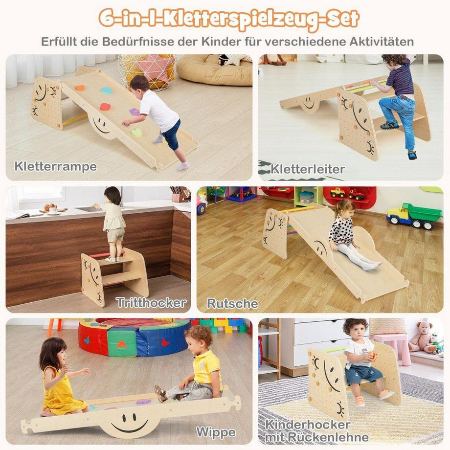 Northix Ensemble d'escalade en bois avec rampe réversible, balançoire, échelle d'escalade et jouet d'escalade à motifs de visage souriant  