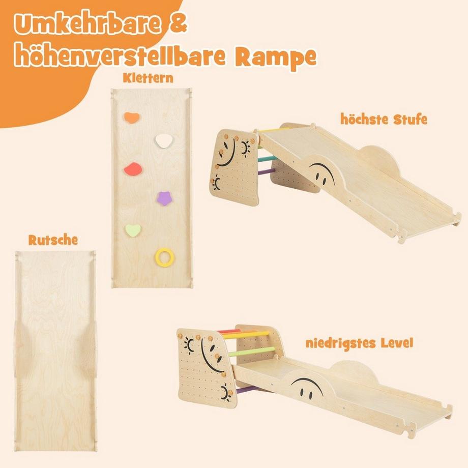 Northix Ensemble d'escalade en bois avec rampe réversible, balançoire, échelle d'escalade et jouet d'escalade à motifs de visage souriant  