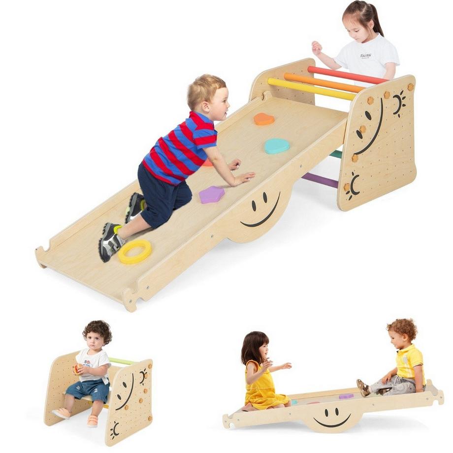 Ensemble d'escalade en bois avec rampe réversible, balançoire, échelle d'escalade et jouet d'escalade à motifs de visage souriant