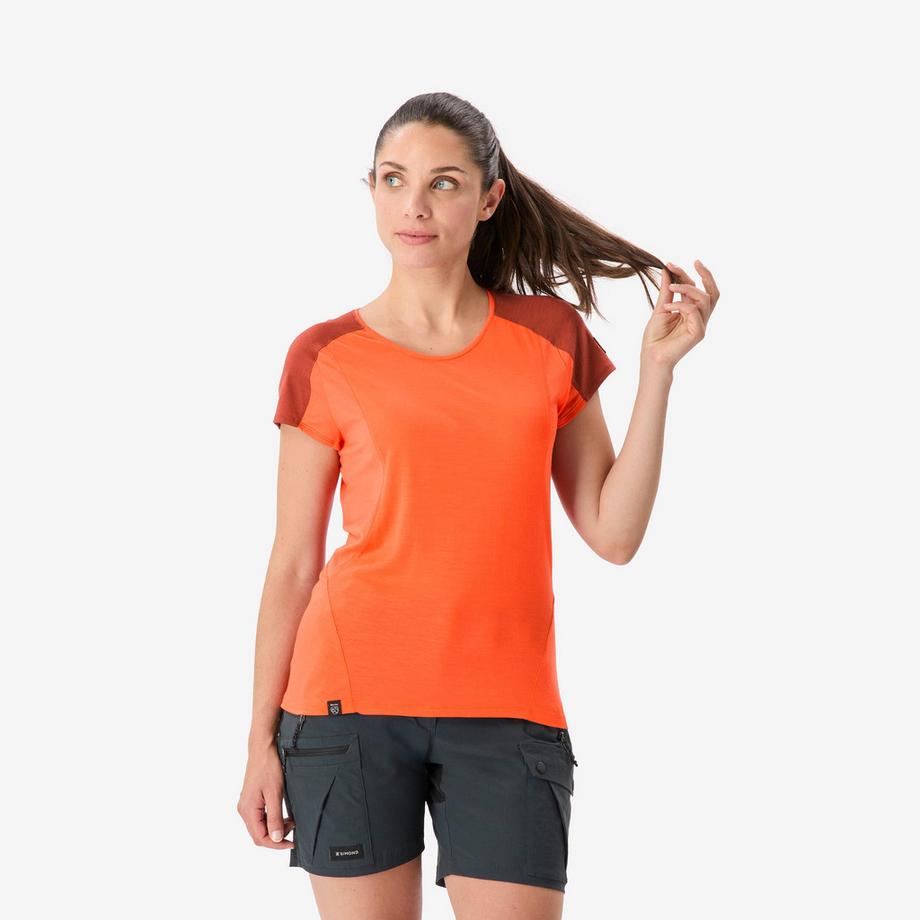 -Trekking-T-Shirt mit kurzen Ärmeln aus Merinowolle, Merino Resist orange