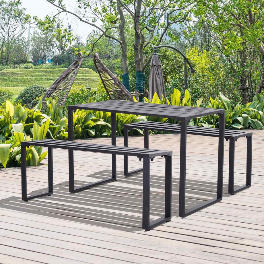 Northio Outdoor Möbelset Festgarnitur 3-Tlg. Sitzgruppe Gartengarnitur 1 X Tisch 2 X Sitzbank Metall Schwarz 110 X 55 X 70 Cm  