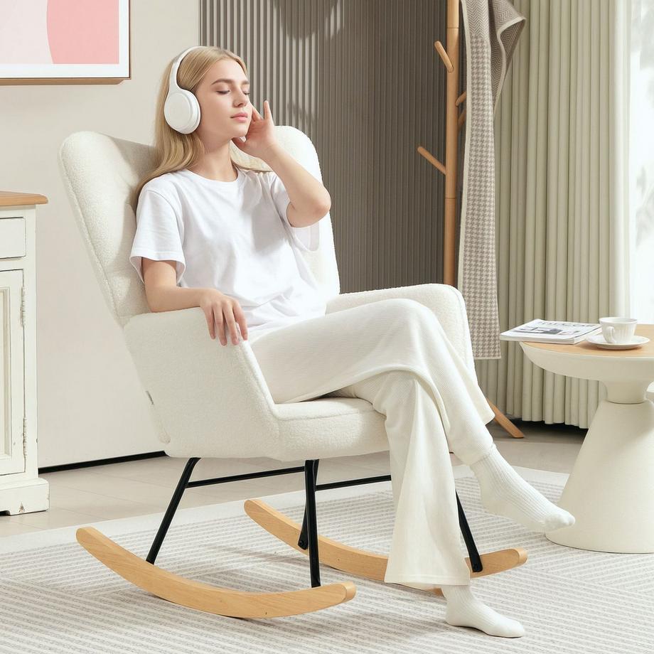 Northio Chaise à bascule, chaise à bascule aspect polaire berbère, accoudoir, chaise rembourrée avec patins en bois, chaise de relaxation pour salon, chambre à coucher, capacité de charge jusqu'à 120 kg, blanc  