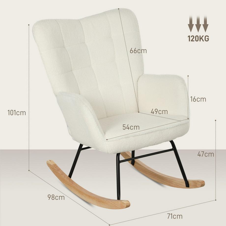 Northio Chaise à bascule, chaise à bascule aspect polaire berbère, accoudoir, chaise rembourrée avec patins en bois, chaise de relaxation pour salon, chambre à coucher, capacité de charge jusqu'à 120 kg, blanc  