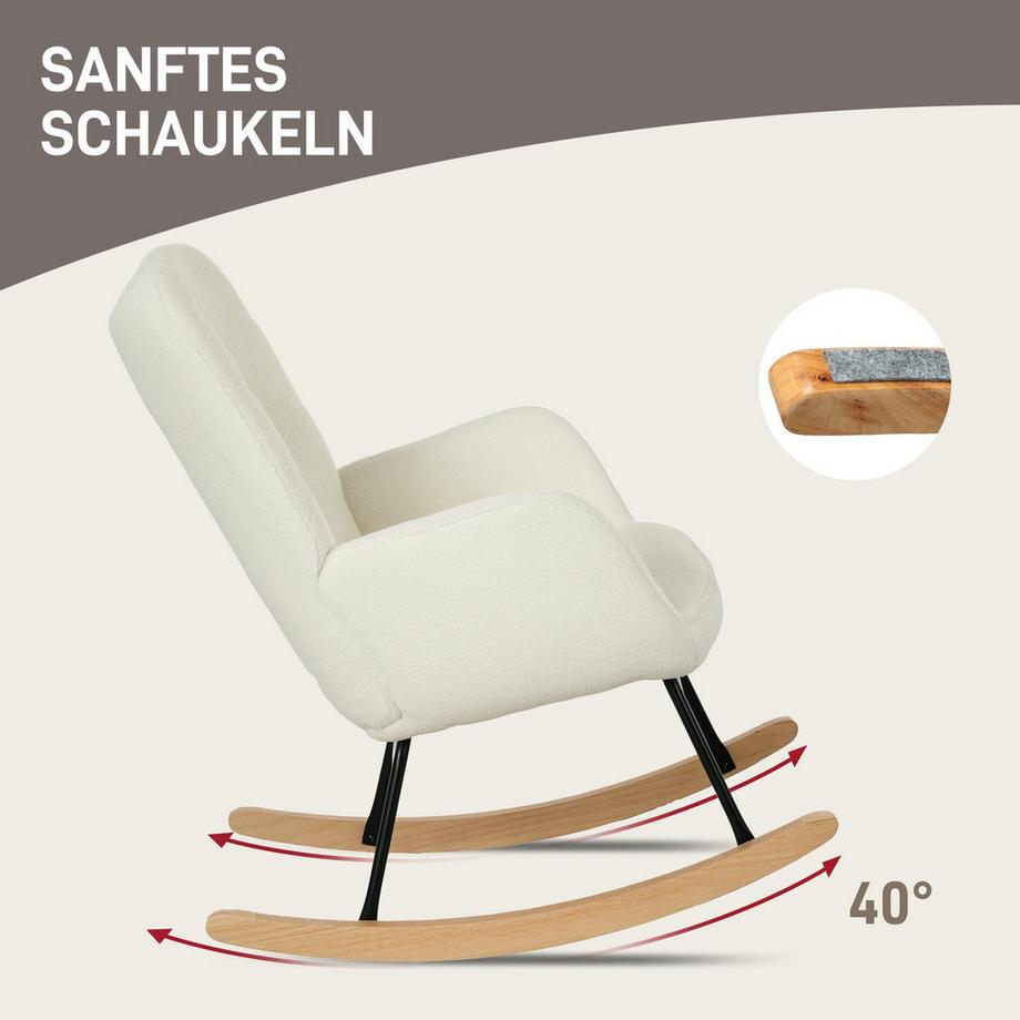 Northio Chaise à bascule, chaise à bascule aspect polaire berbère, accoudoir, chaise rembourrée avec patins en bois, chaise de relaxation pour salon, chambre à coucher, capacité de charge jusqu'à 120 kg, blanc  