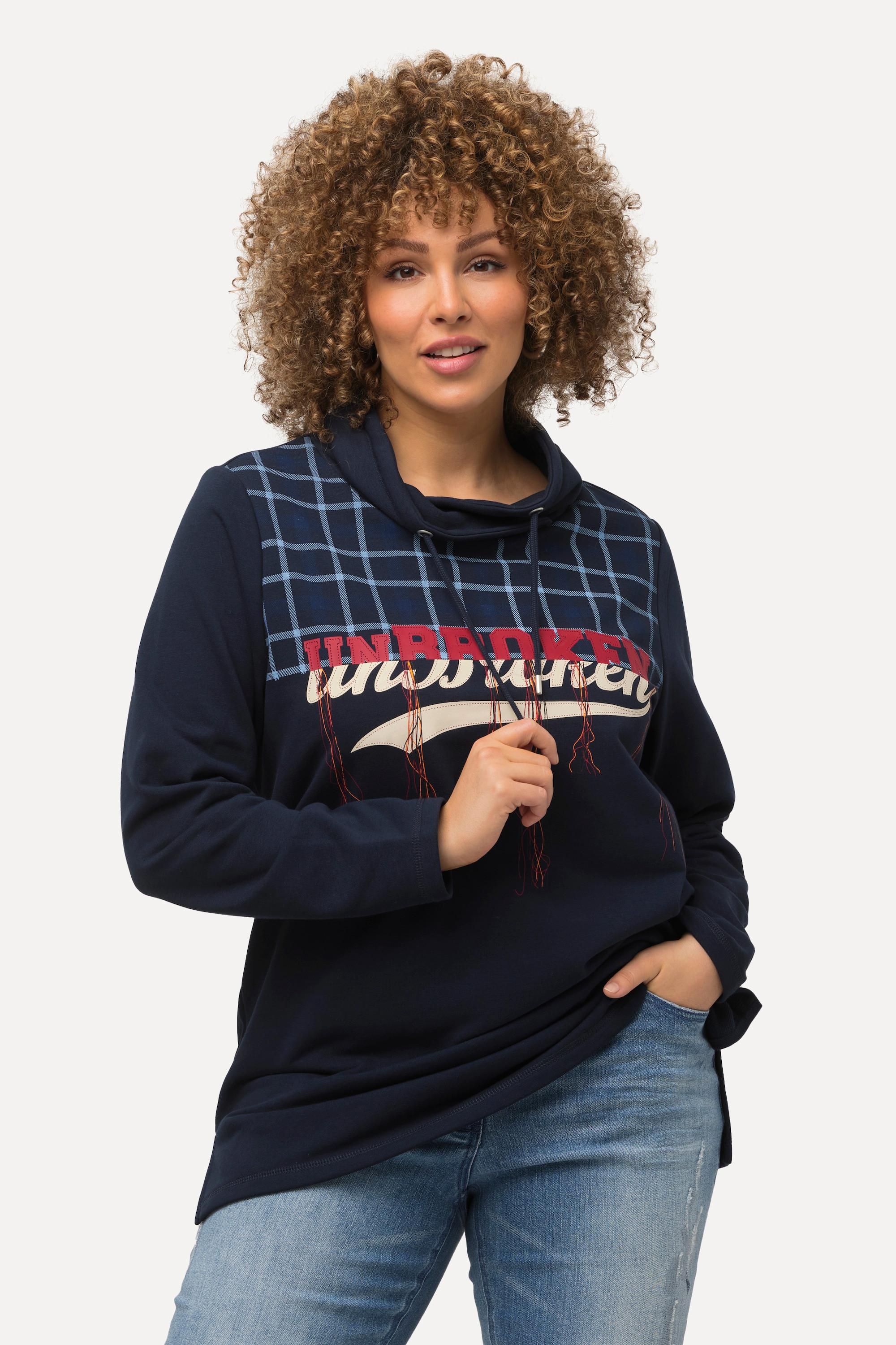 Ulla Popken  Sweat-shirt en tissu éponge à col montant et manches longues, carreaux 