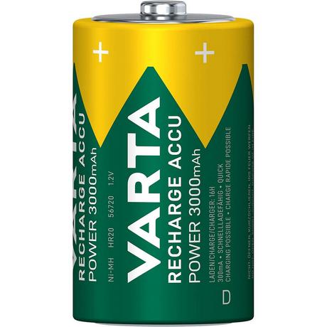 VARTA  Batteria ricaricabile Ni-MH D | 1,2 V DC | 3000 mAh | Precaricata | 2-Blister | HR20 | Verde / Giallo 