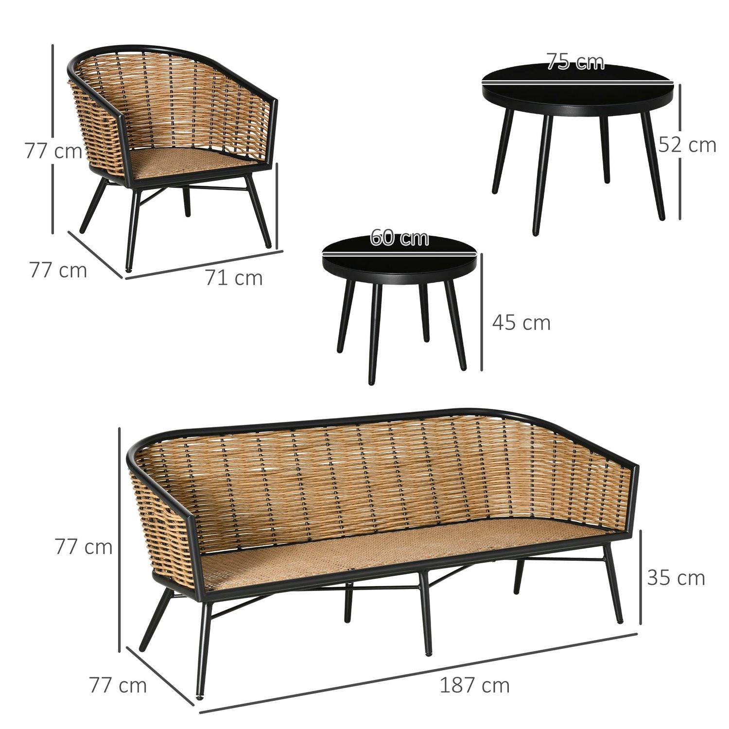 Northio Set di mobili da giardino in polyrattan, set di divani in rattan da 5 pezzi, area salotto con tavolino da tè e cuscini per divano, alluminio, naturale  