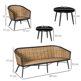 Northio Set di mobili da giardino in polyrattan, set di divani in rattan da 5 pezzi, area salotto con tavolino da tè e cuscini per divano, alluminio, naturale  