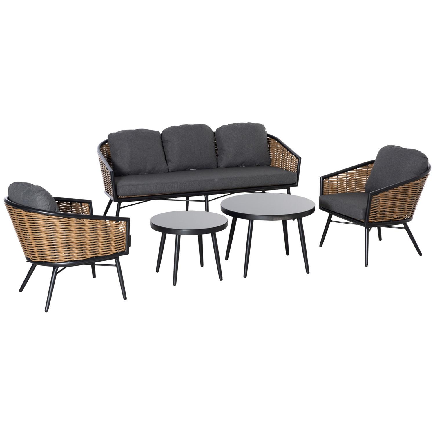 Northio Set di mobili da giardino in polyrattan, set di divani in rattan da 5 pezzi, area salotto con tavolino da tè e cuscini per divano, alluminio, naturale  