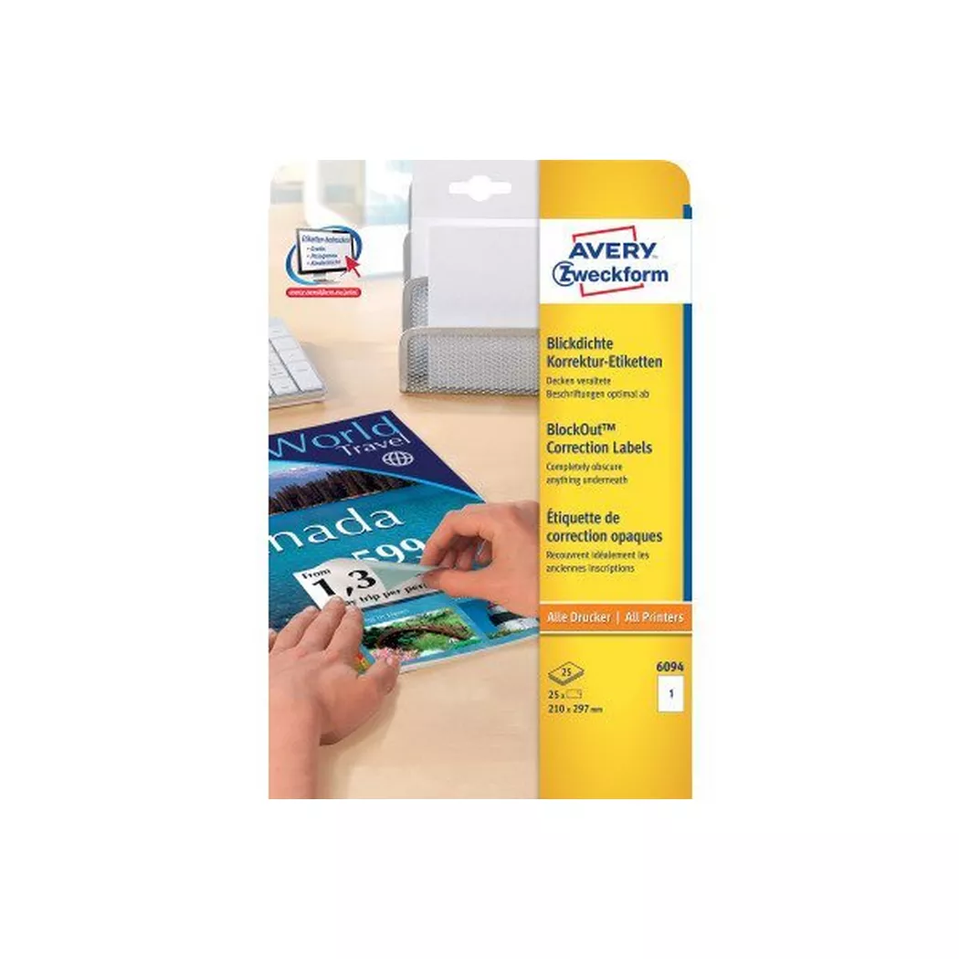 Avery-Zweckform – AVERY ZWECKFORM Korrekur-Etiketten 210×297mm, blickdicht 25 Stück, One Size, Weiss