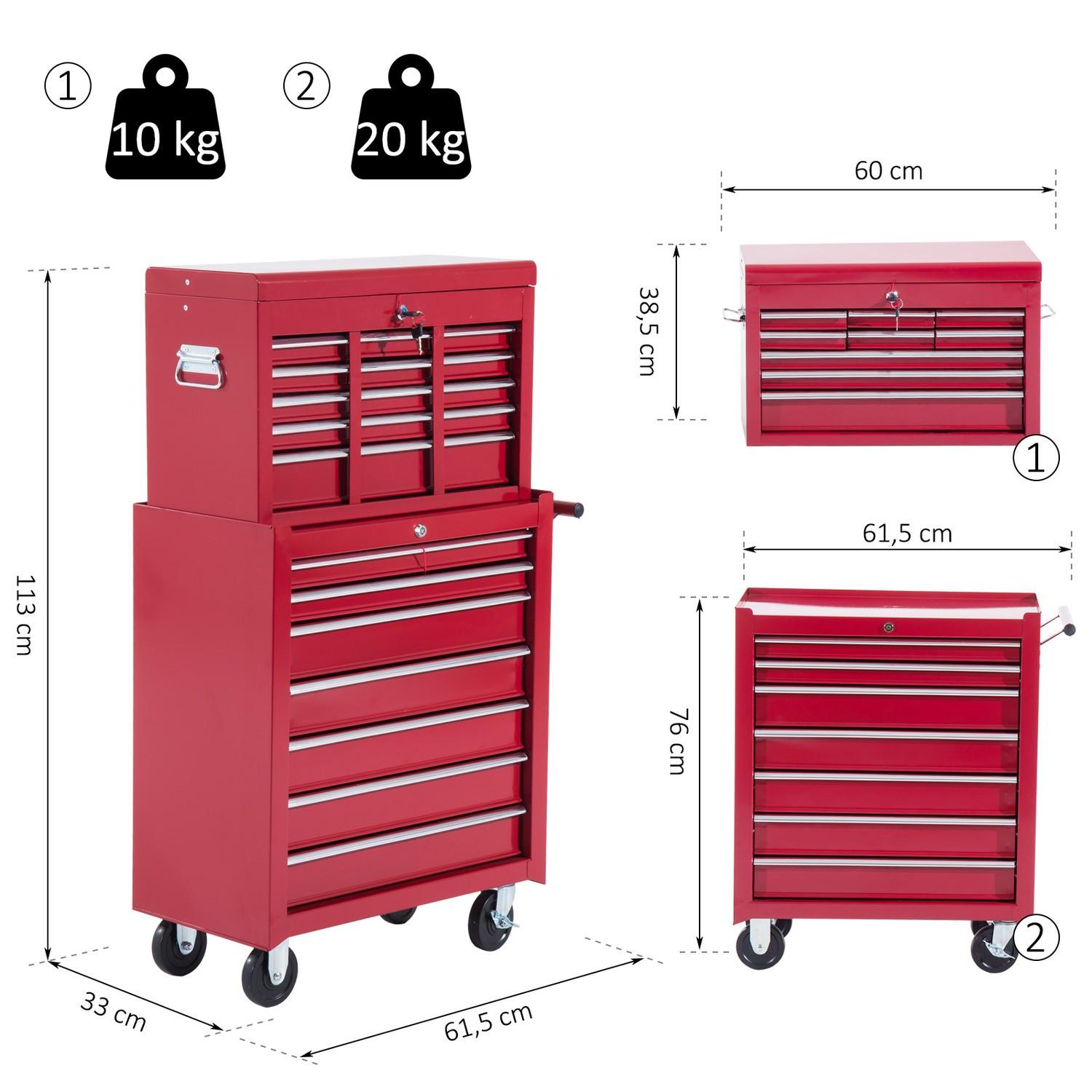 HOMCOM Carrello Portautensili In Metallo, Carrello Portautensili, Cassetta Degli Attrezzi, Rosso, Per Officina  