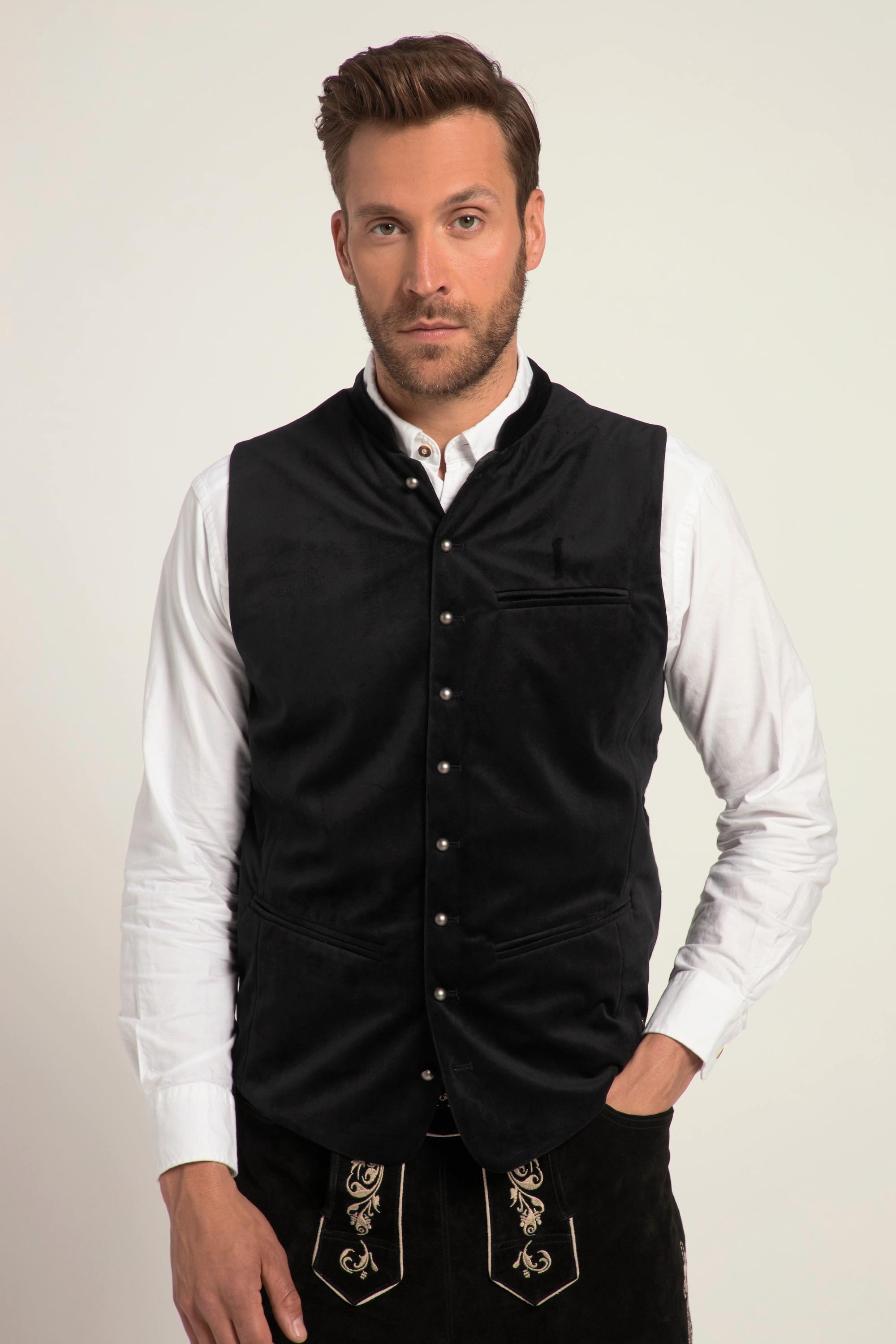 JP1880  Gilet in tradizionale stile Tracht con velluto, collo alto e retro in maglia, fino alla tg. 70 