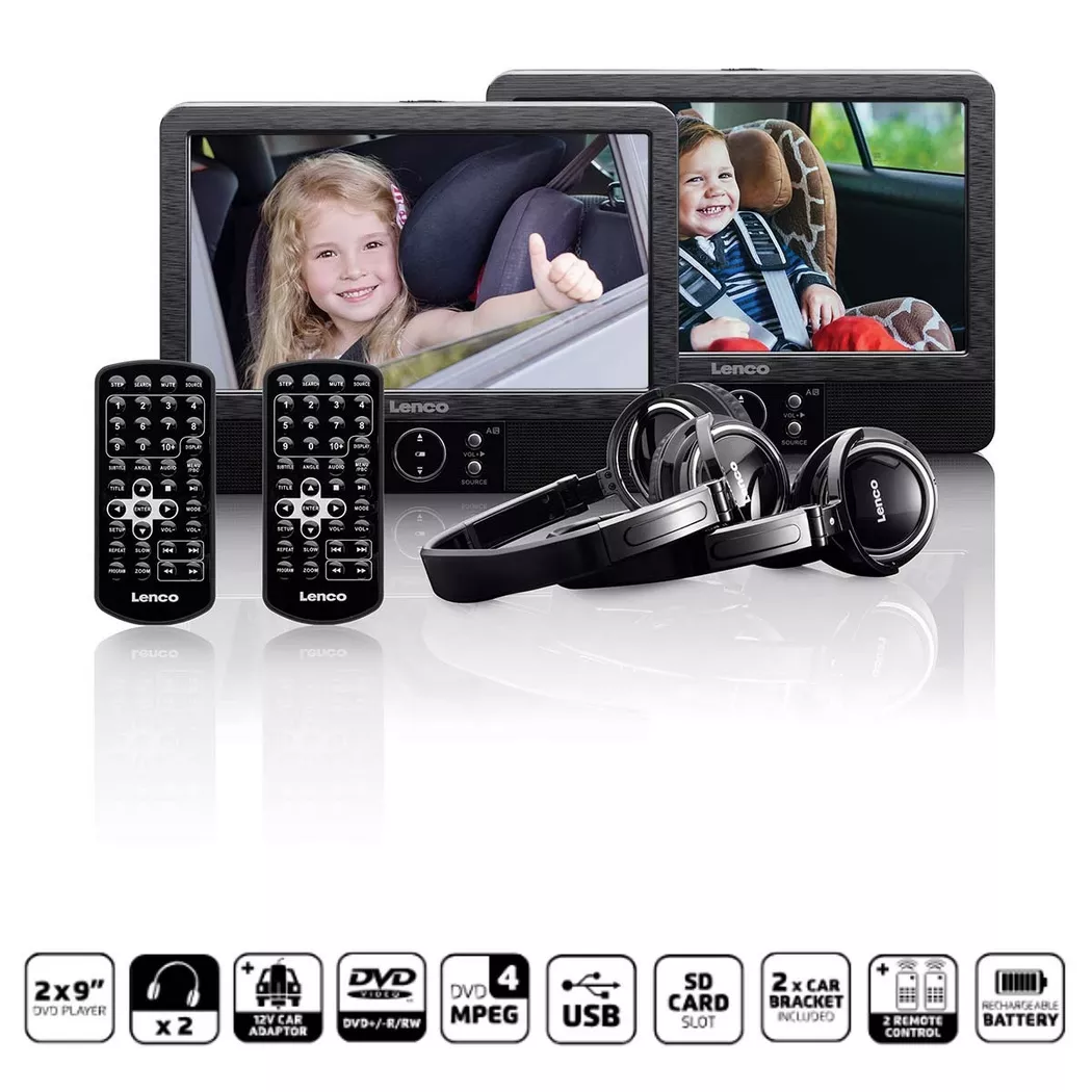 Lenco DVP-939 9" Dual Car DVD Players with HDMI Input, 2 Headphones, Brackets, Remote, AV in & AV Out, USB/TF Card - Black