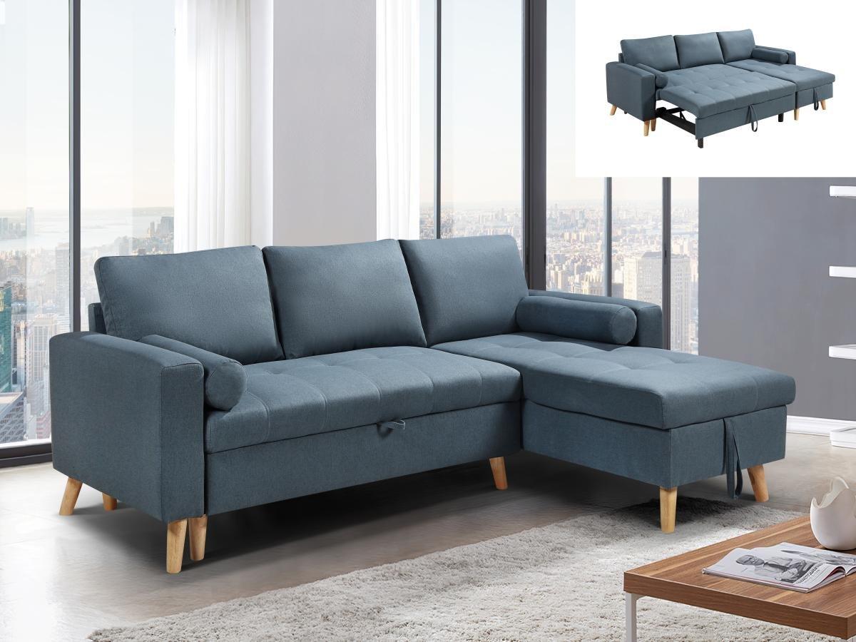 Vente-unique Canapé d'angle convertible et réversible en tissu bleu canard avec coffre de rangement KORI  