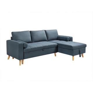 Vente-unique Canapé d'angle convertible et réversible en tissu bleu canard avec coffre de rangement KORI  