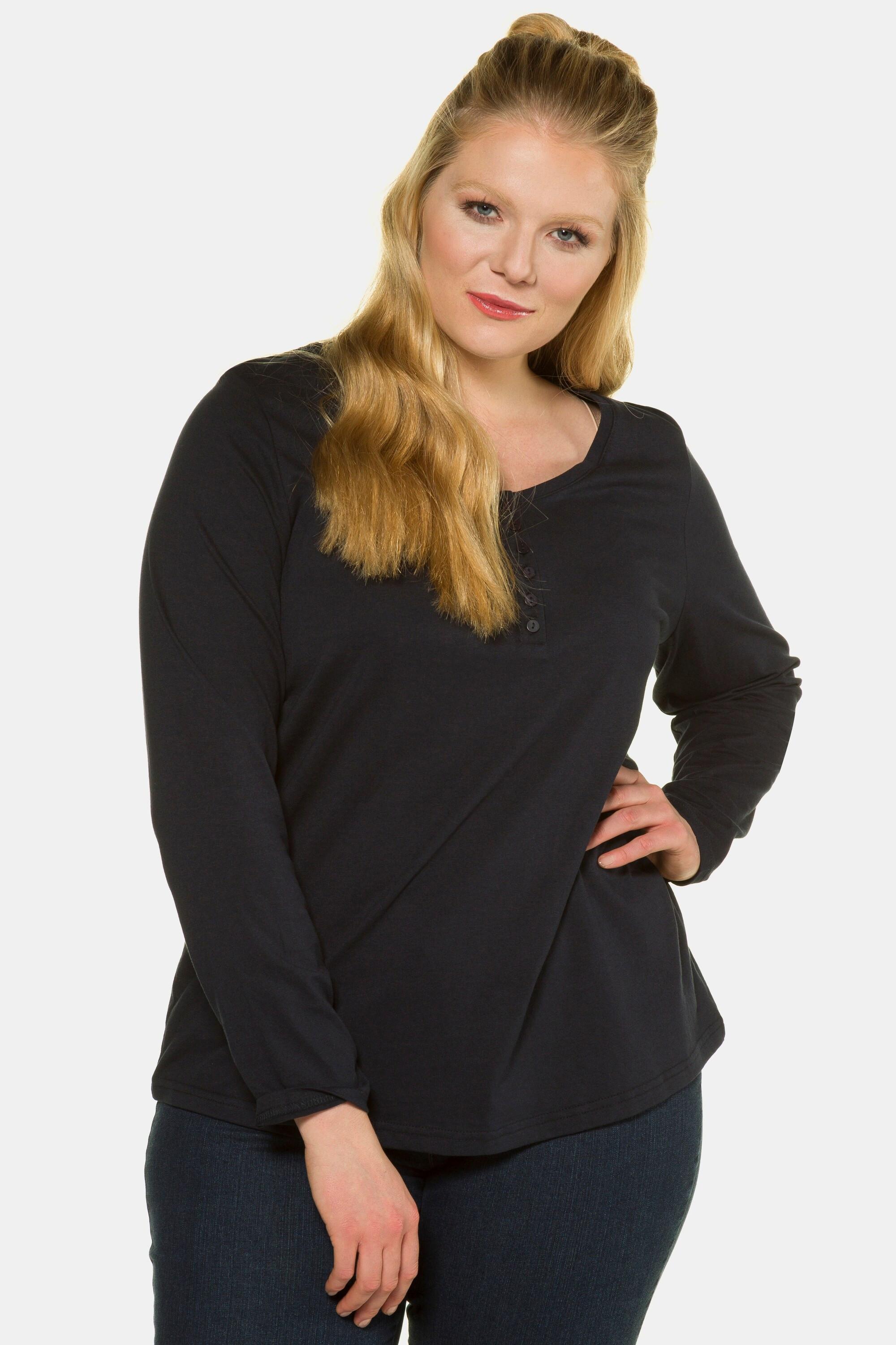 Ulla Popken  T-shirt manches longues, collection Basic. Patte de boutonnage. Coupe Regular Fit. 