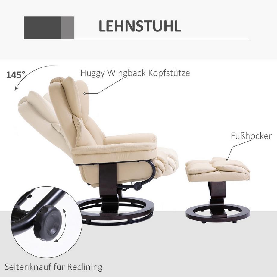 Northio Fauteuil De Relaxation Avec Tabouret, Fauteuil Tv Rotatif Avec Fonction Inclinable, Simili Cuir, Crème  