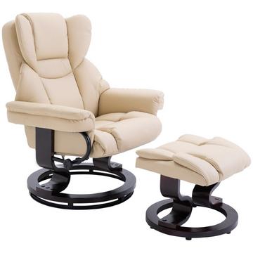 Fauteuil De Relaxation Avec Tabouret, Fauteuil Tv Rotatif Avec Fonction Inclinable, Simili Cuir, Crème