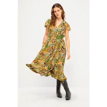 Robe midi ligne A à imprimé. Col en V et manches courtes