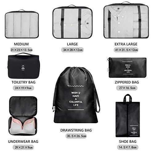 Only-bags.store  Cubes d'emballage 8 pièces, sacs à vêtements, organisateur de valises pour vacances et voyages, ensemble de cubes d'emballage, cube de voyage, système d'organisation pour valises – Noir 