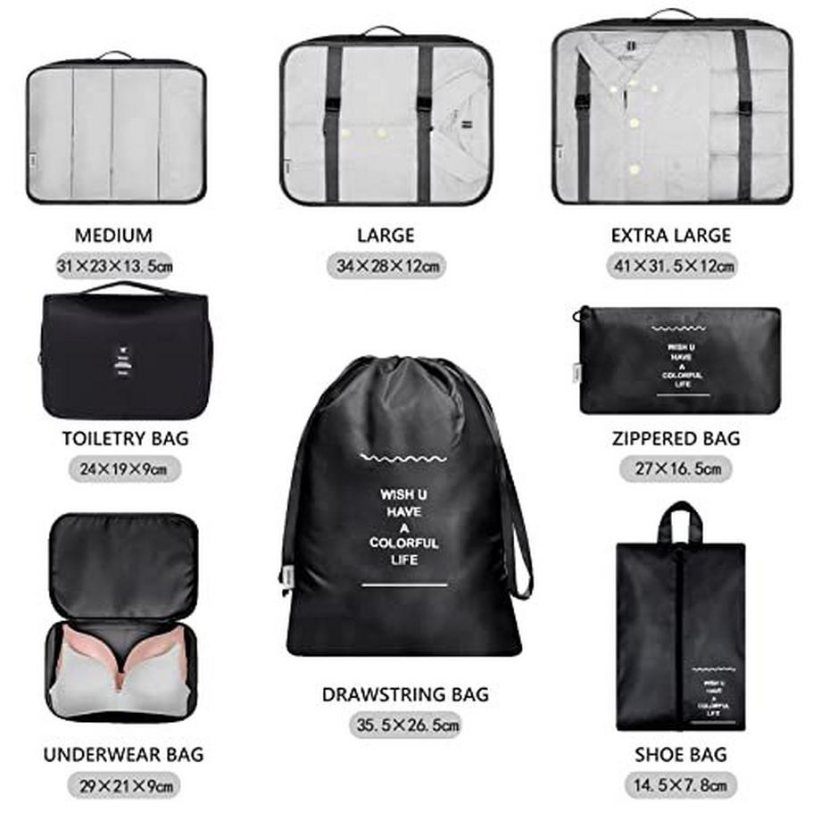 Only-bags.store  8-teilige Packwürfel, Kleidersäcke, Koffer-Organizer für Urlaub und Reisen, Packwürfel-Set, Reisewürfel, Organisationssystem für Koffer - Schwarz 