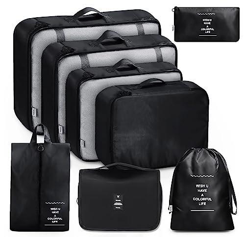 Only-bags.store  Cubes d'emballage 8 pièces, sacs à vêtements, organisateur de valises pour vacances et voyages, ensemble de cubes d'emballage, cube de voyage, système d'organisation pour valises – Noir 