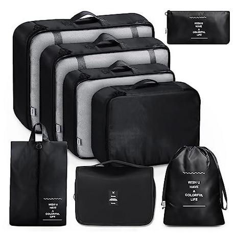 Only-bags.store  Cubes d'emballage 8 pièces, sacs à vêtements, organisateur de valises pour vacances et voyages, ensemble de cubes d'emballage, cube de voyage, système d'organisation pour valises – Noir 