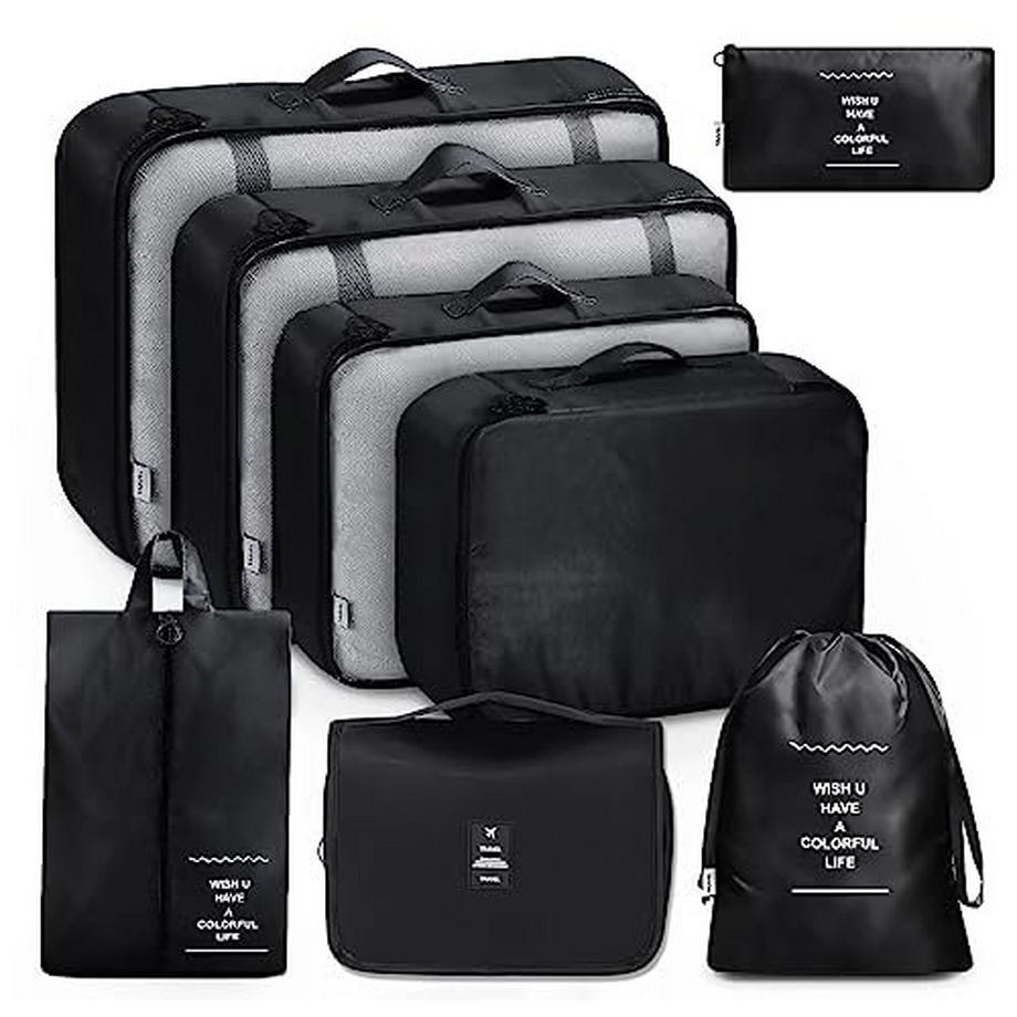 Only-bags.store  8-teilige Packwürfel, Kleidersäcke, Koffer-Organizer für Urlaub und Reisen, Packwürfel-Set, Reisewürfel, Organisationssystem für Koffer - Schwarz 