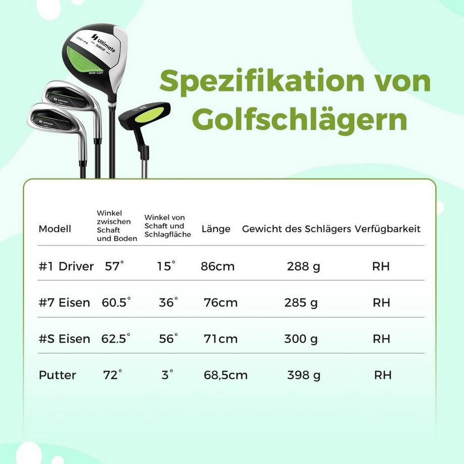 Northix  Set da golf per bambini da 4 pezzi con sacca da golf e copertura antipioggia per bambini da 8 a 10 anni Verde 