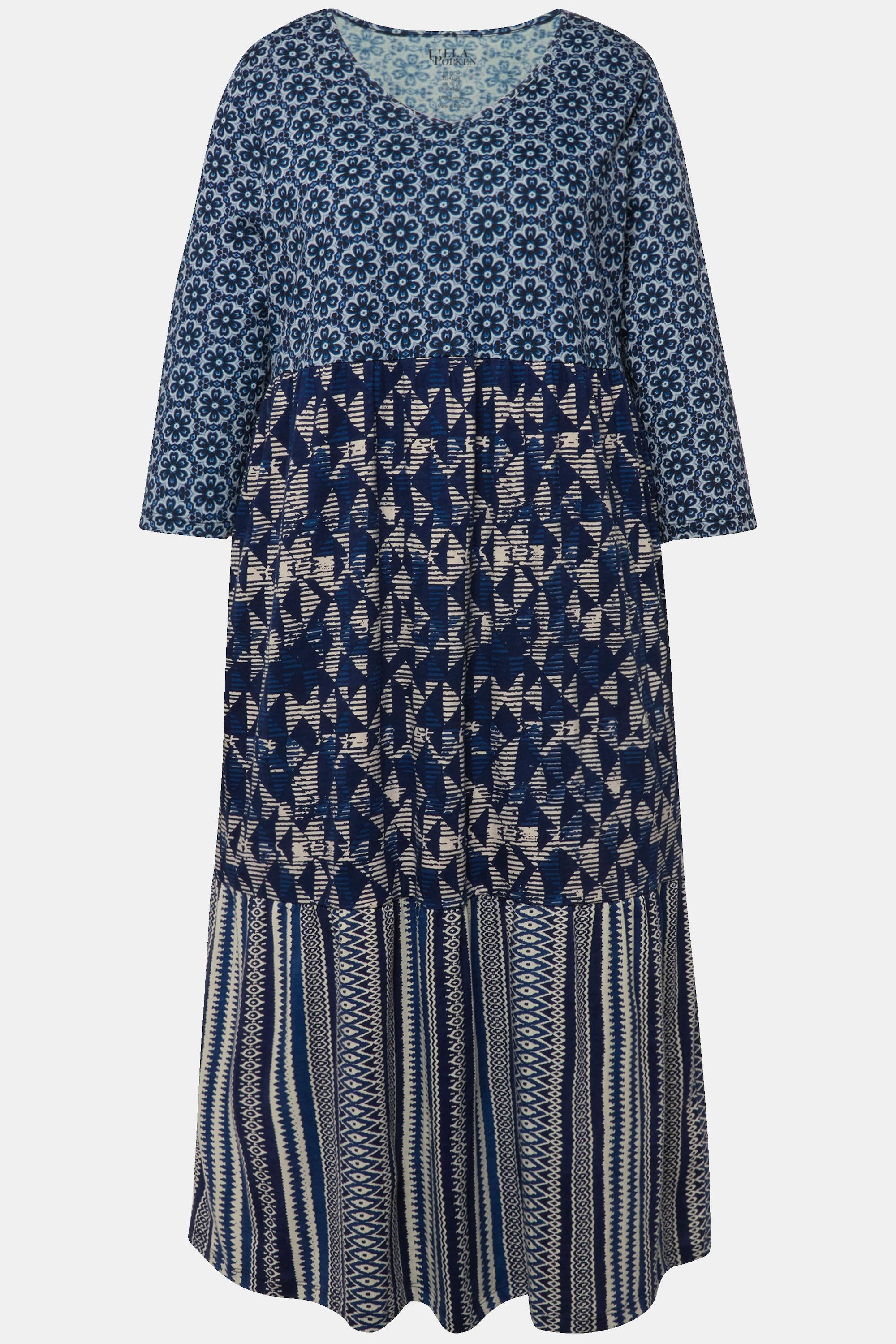 Ulla Popken  Robe en jersey coupe trapèze à mélange de motifs, décolleté en V et manches 3/4 