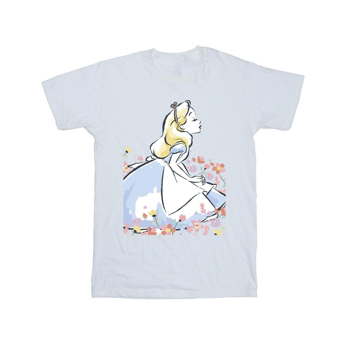 Image of Alice In Wonderland Sketch Flowers Tshirt Herren Weiss 4XL