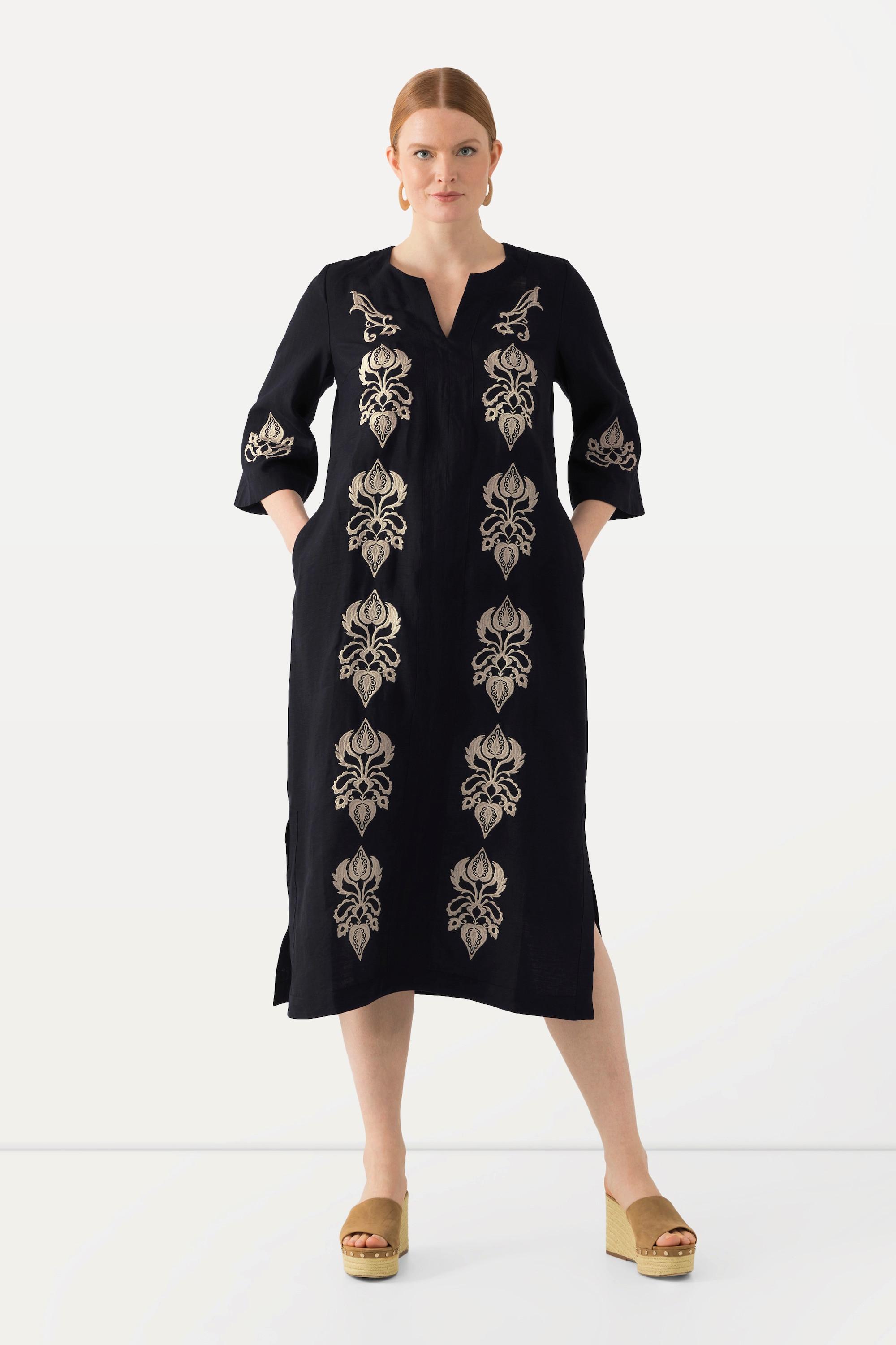 Ulla Popken  Robe maxi en lin avec fleurs brodées, col tunisien et manches 3/4 