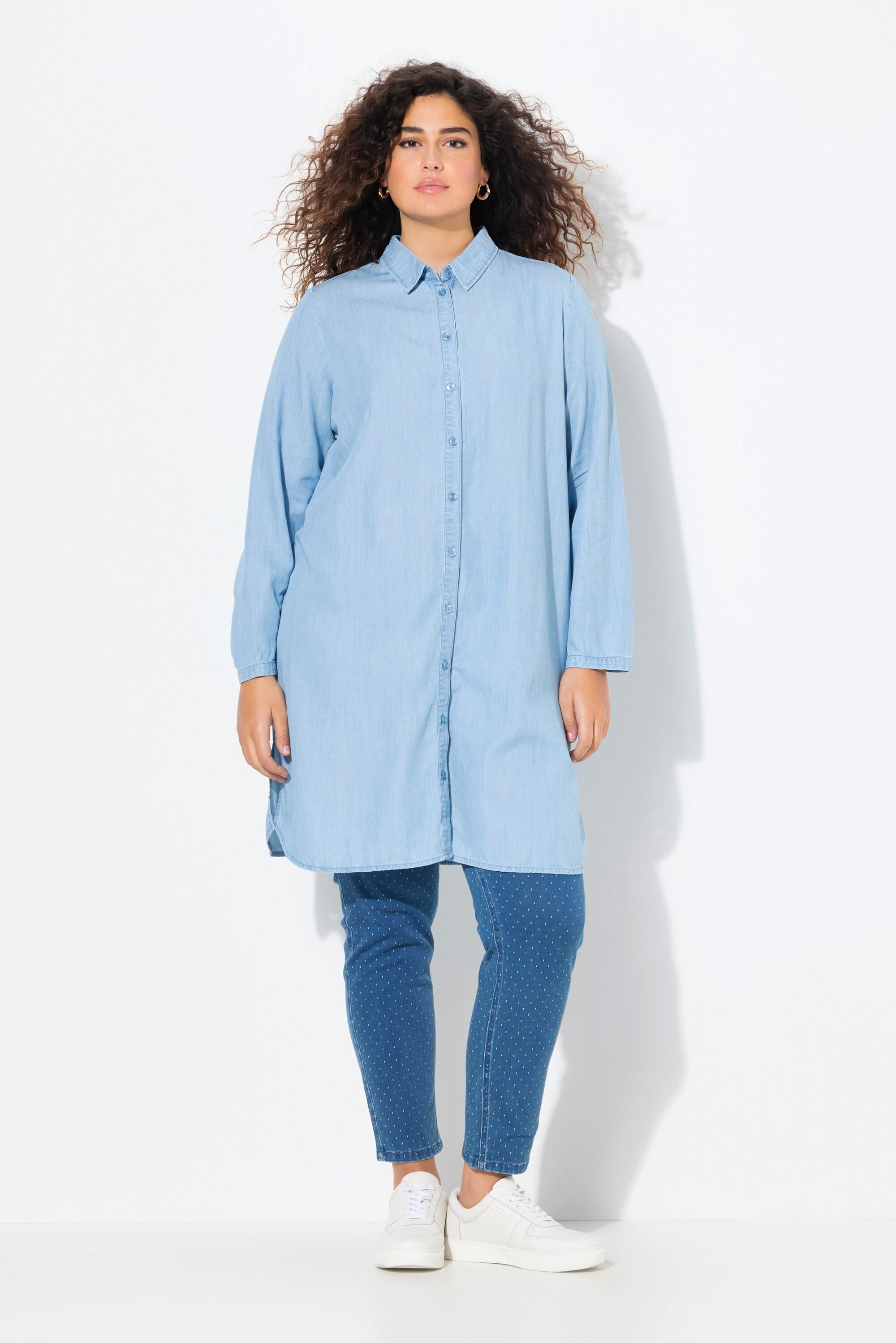 Ulla Popken  Blusa lunga di lyocell con effetto jeans, colletto alto e maniche lunghe 