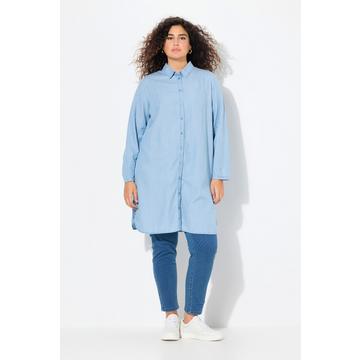 Blusa lunga di lyocell con effetto jeans, colletto alto e maniche lunghe