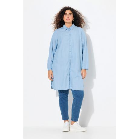 Ulla Popken  Blusa lunga di lyocell con effetto jeans, colletto alto e maniche lunghe 